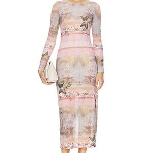 Alice + Olivia Pastel Pink Long-Sleeve Printed Midi Dress